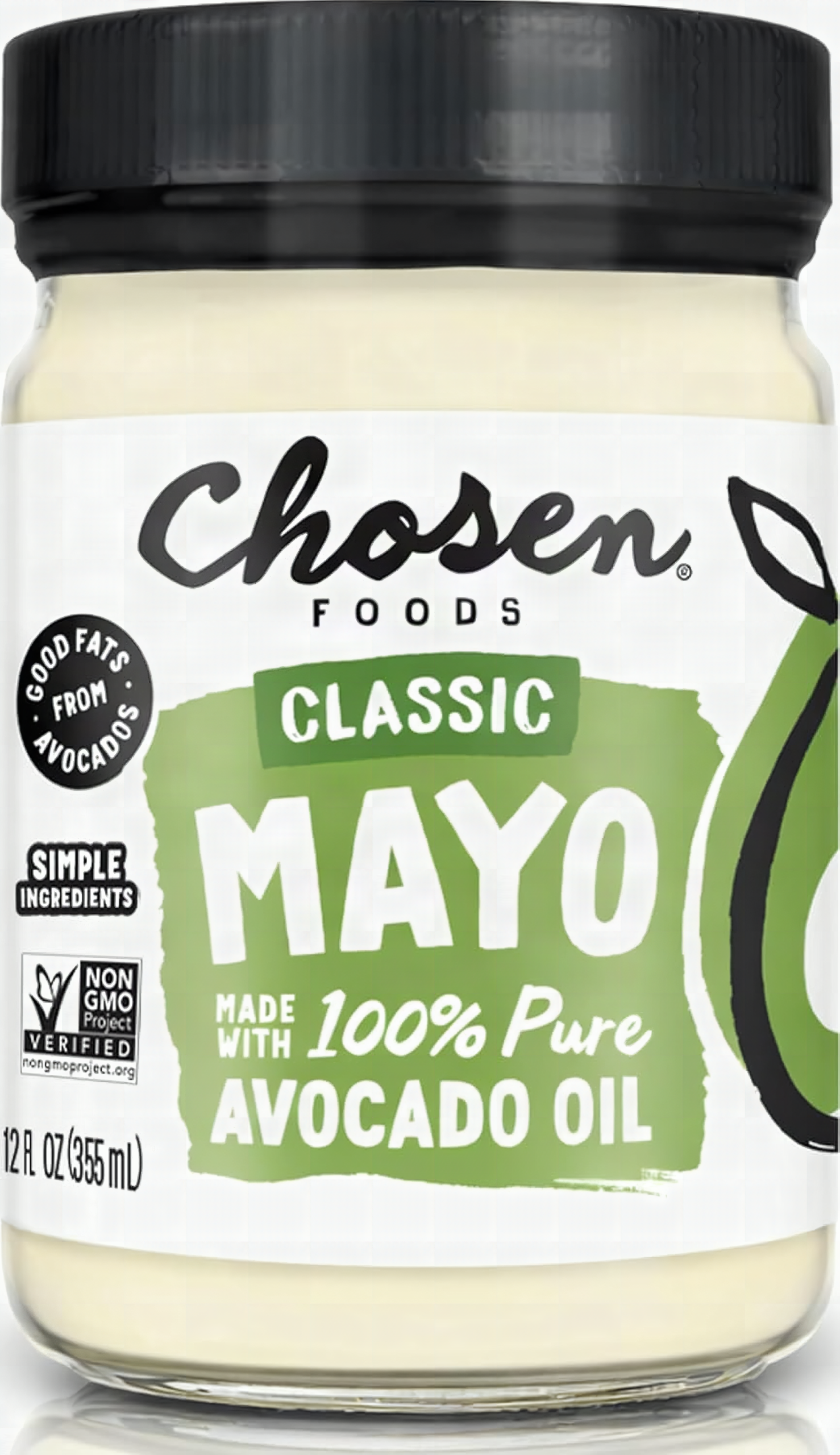 Macro close-up of Chosen Foods avocado oil mayo jar tilted with creamy interior visible and warm sunlight highlighting the glass
