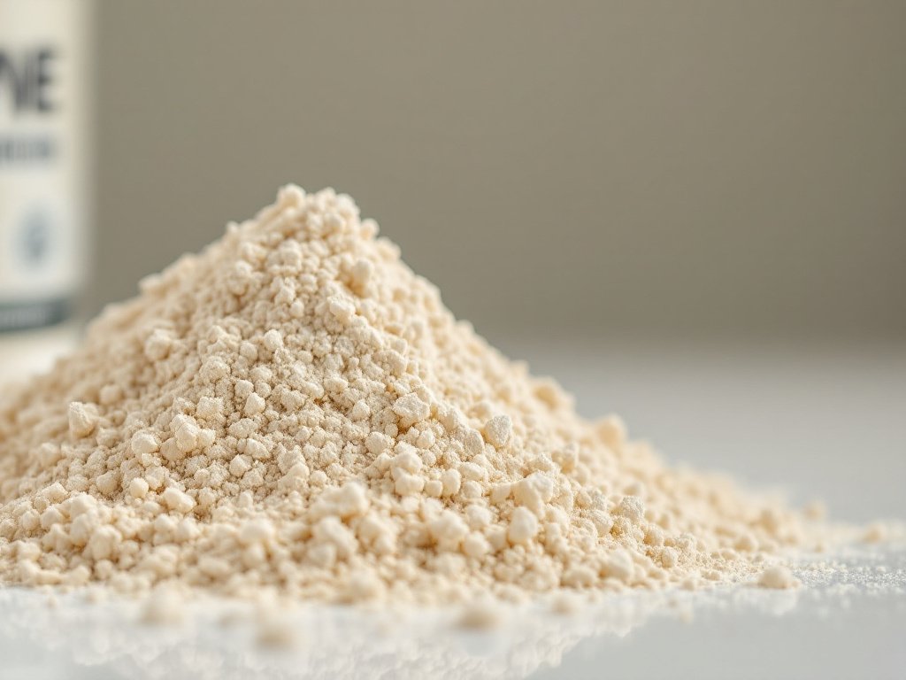 Macro close-up of white creatine monohydrate powder crystals with fine granular detail and shallow focus