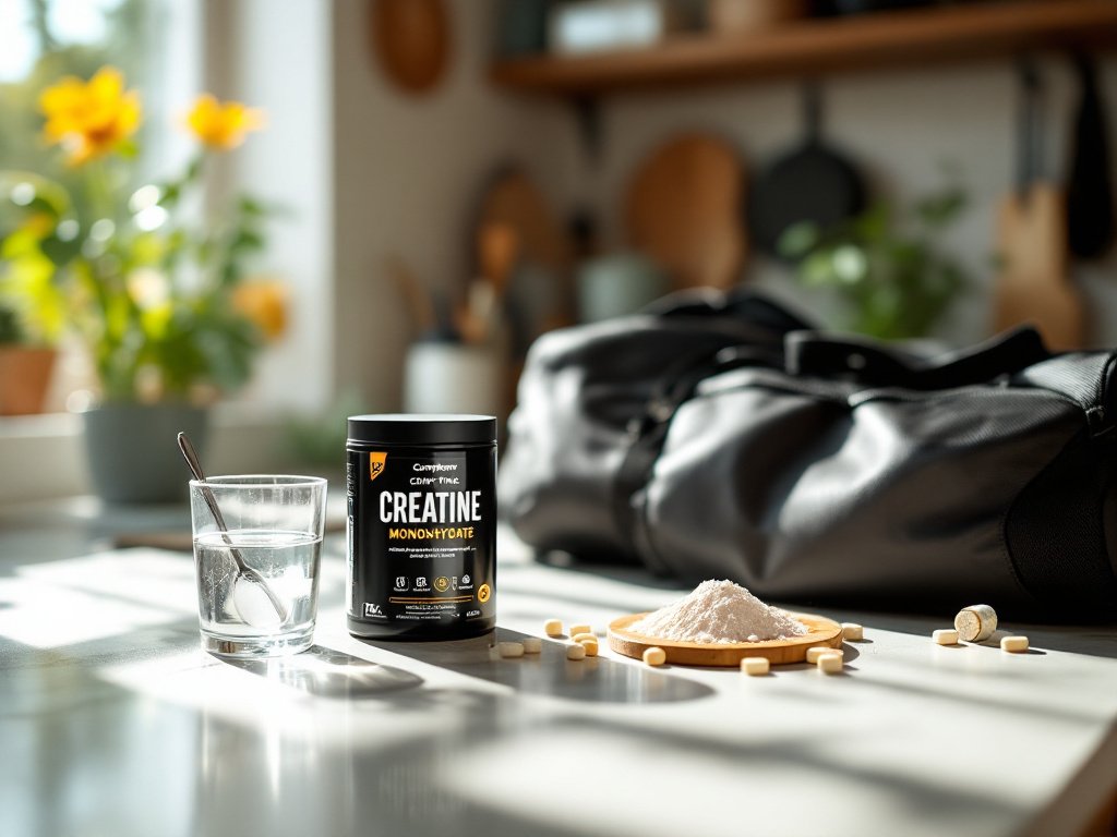 Creatine powder container on a kitchen counter with water glass and measuring spoon ready for mixing