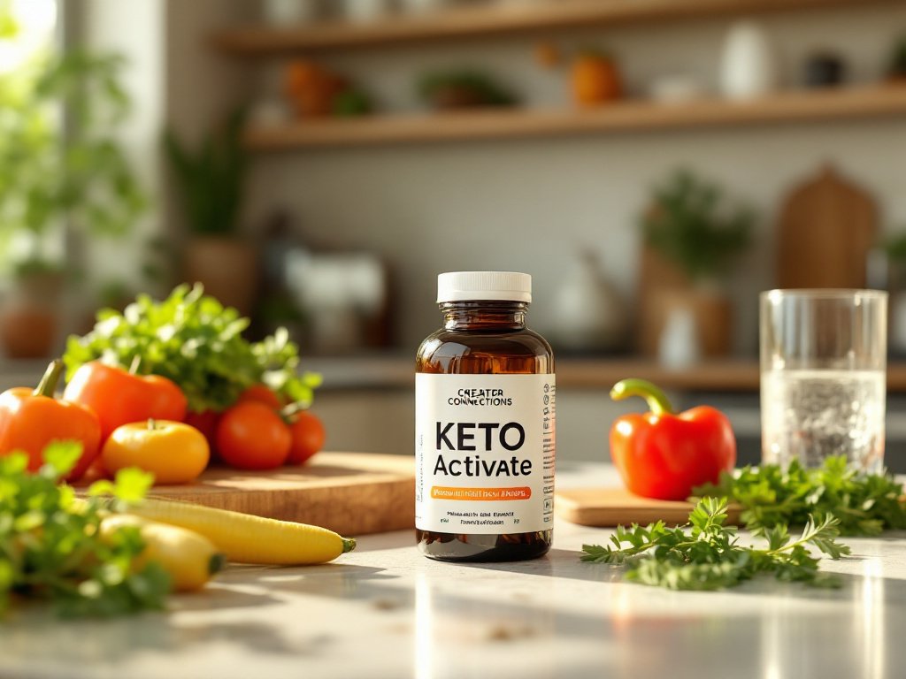 Keto Activate bottle on a bright kitchen counter among produce and water, showing room setting