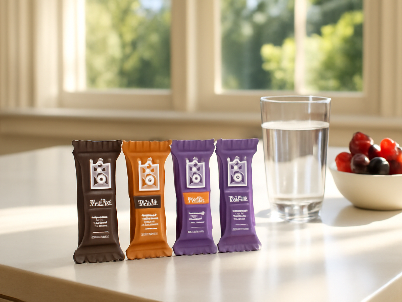 IQBAR protein bars displayed on a kitchen counter with water and berries in natural daylight
