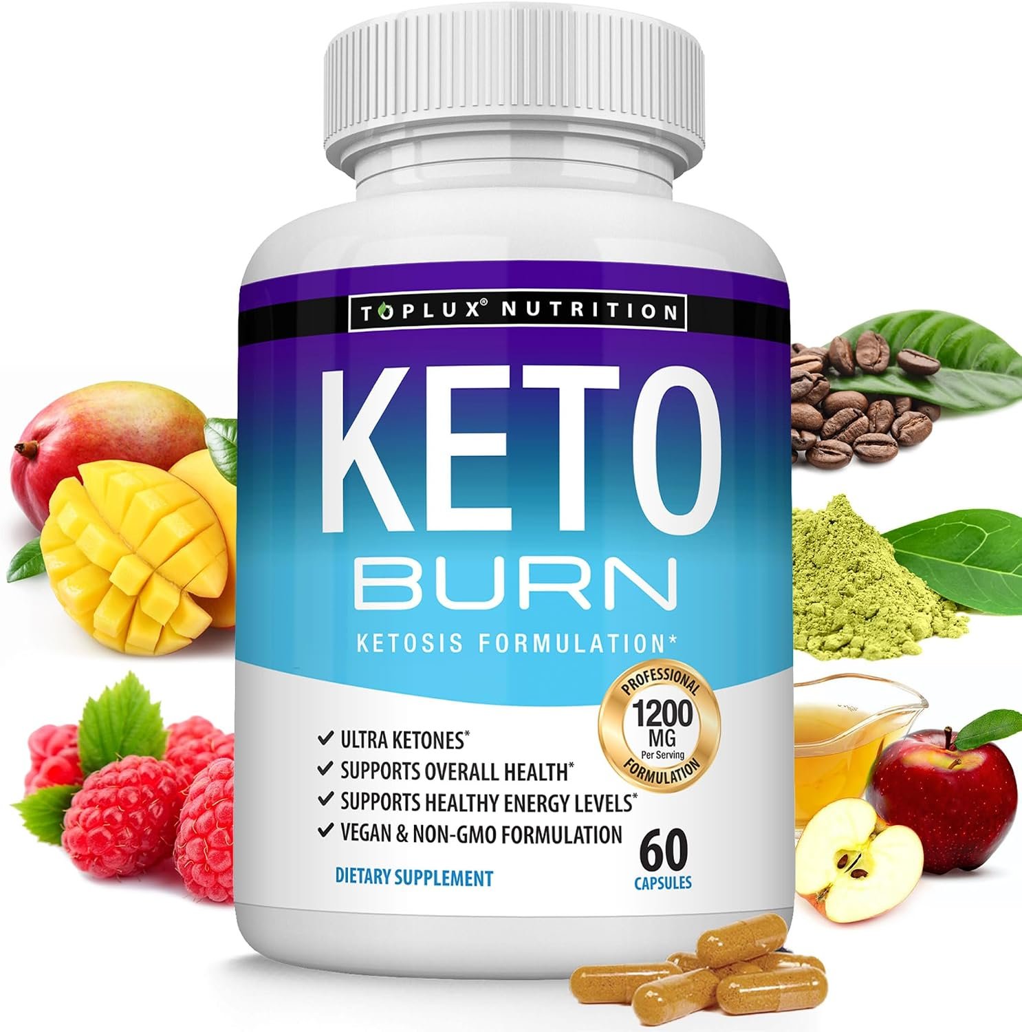 Keto Burn Pills bottle on a sunlit kitchen counter with water glass, fruit, and wellness notebook nearby