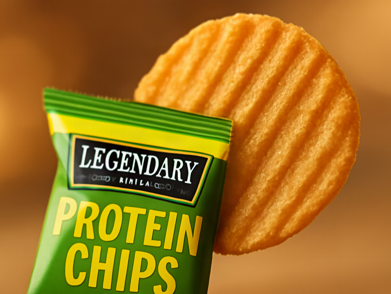 Macro close-up of a single golden-brown protein chip showing crispy ridged texture and detail