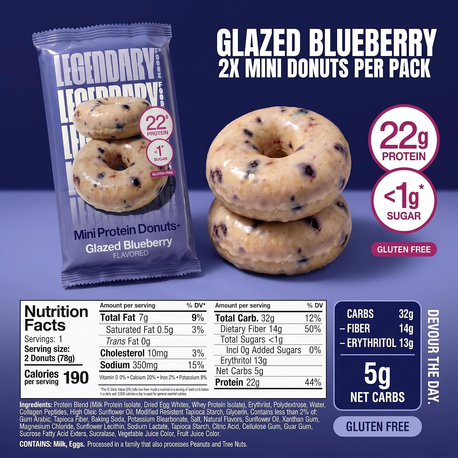 High-protein blueberry donut on a kitchen counter next to coffee and a fitness journal in daylight
