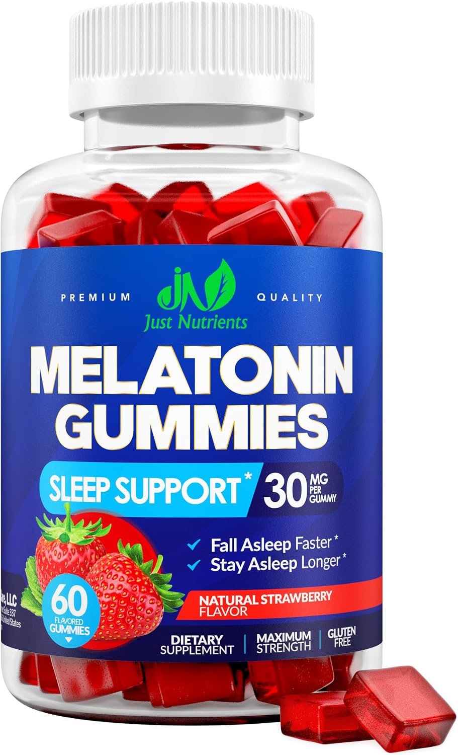 Single melatonin gummy in macro close-up showing translucent texture and berry color against blurred background