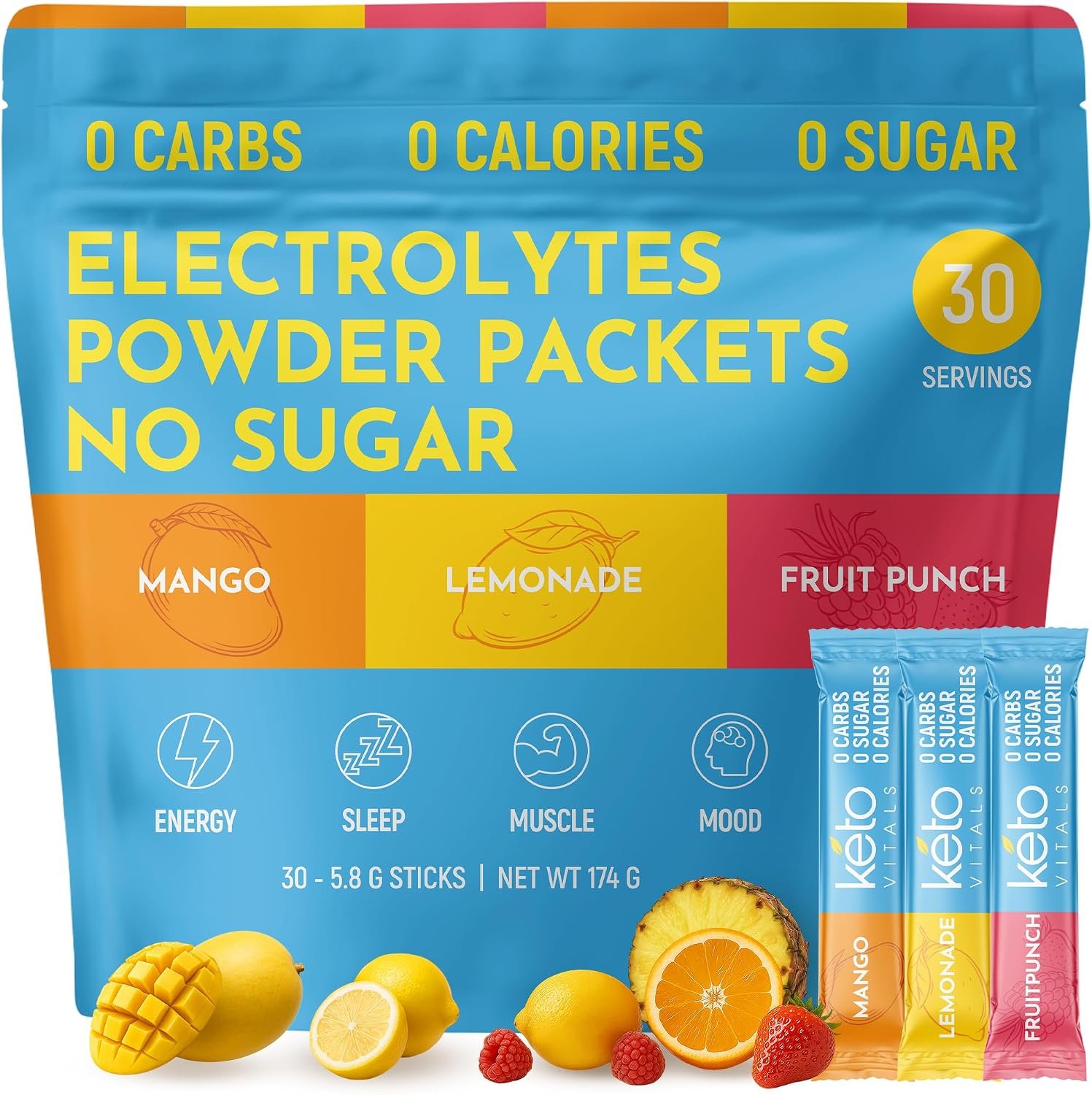 Electrolyte powder packets arranged on a kitchen counter with water bottle and fresh fruit nearby