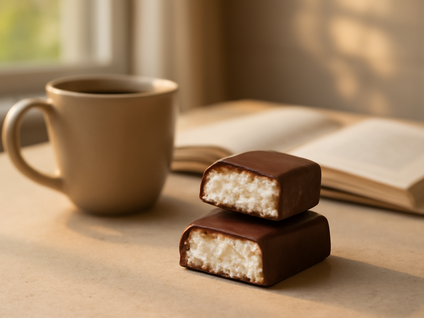 Dark chocolate coconut bar resting on a kitchen counter between a mug and cookbook in natural light