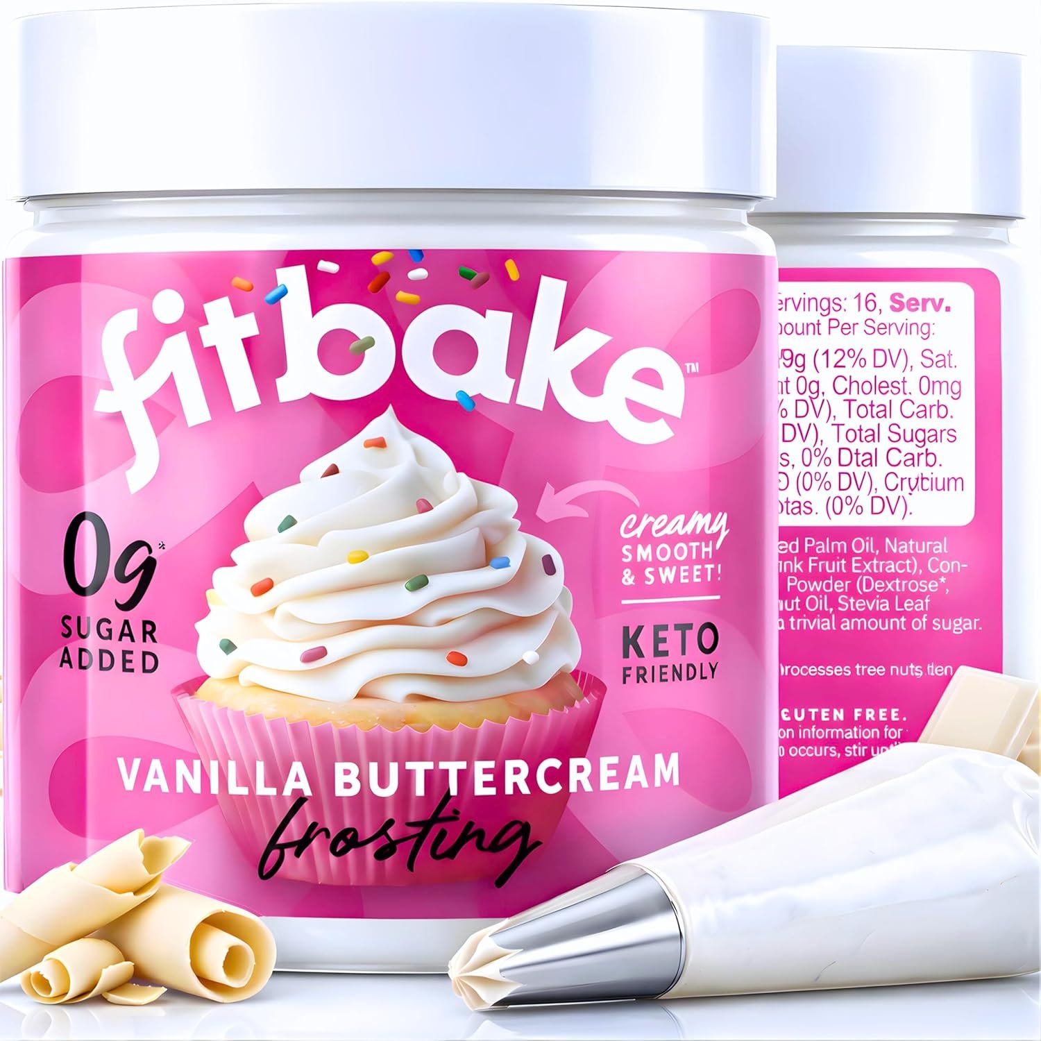 FitBake frosting jar displayed on a kitchen counter next to a frosted keto cake and baking tools