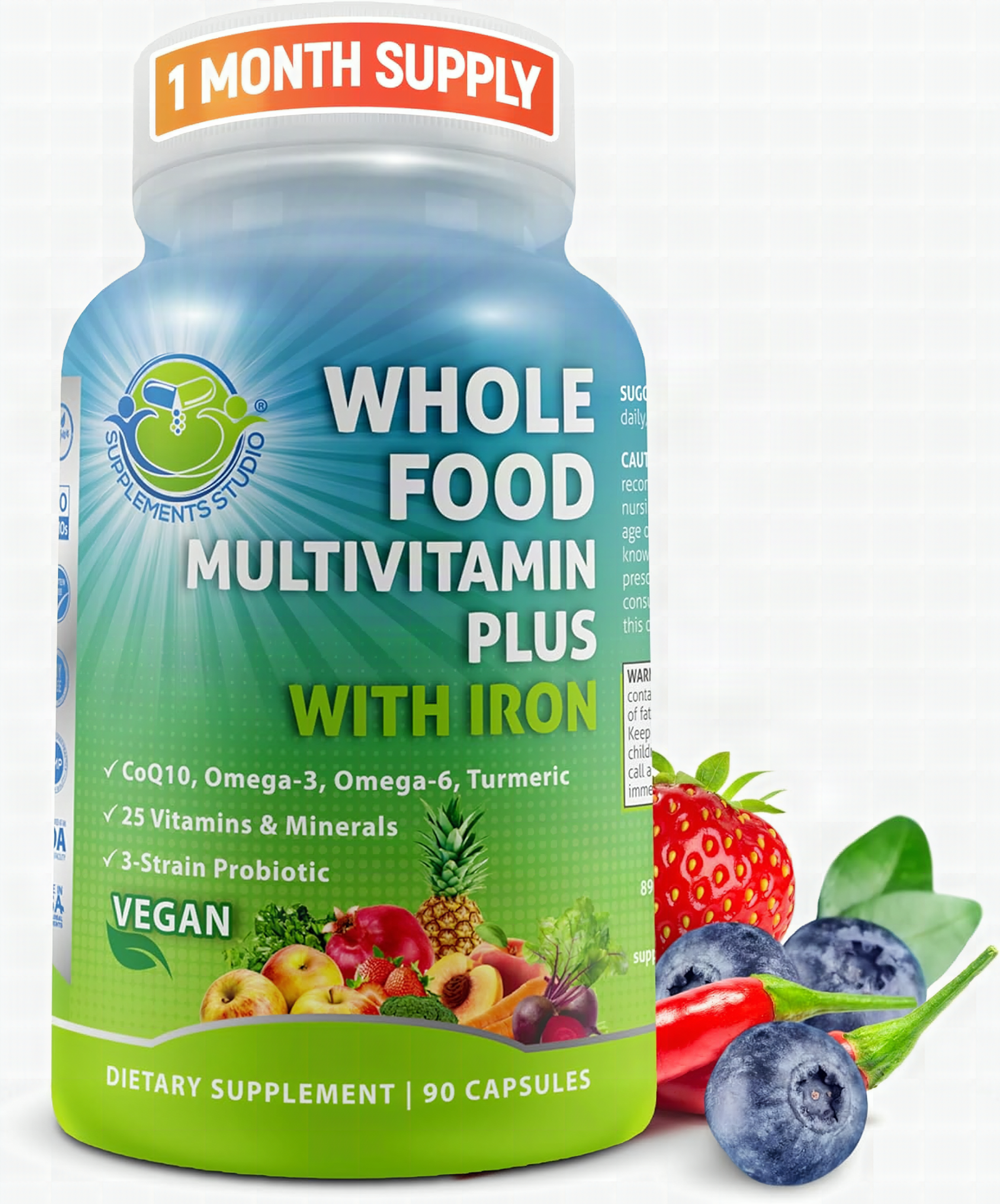 Macro close-up of a single vegan multivitamin capsule with visible plant-based contents, shallow depth of field