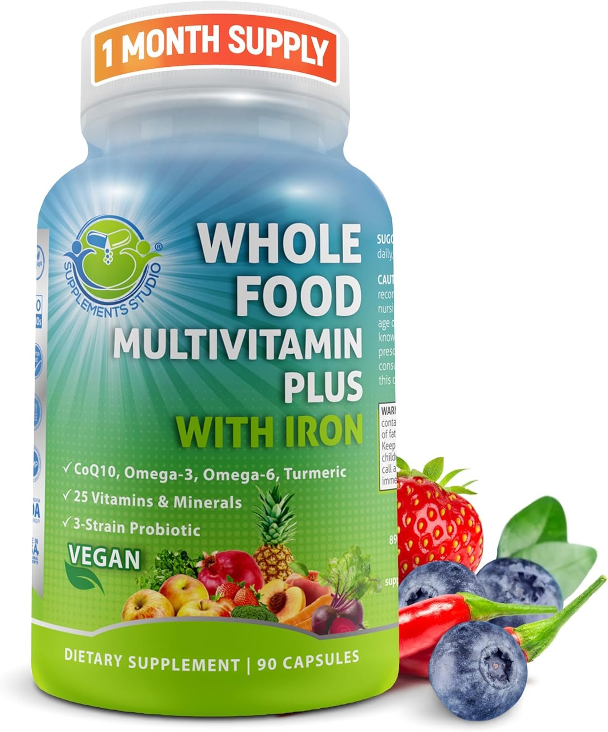 Vegan multivitamin bottle on a kitchen counter surrounded by fresh produce and water, natural morning light