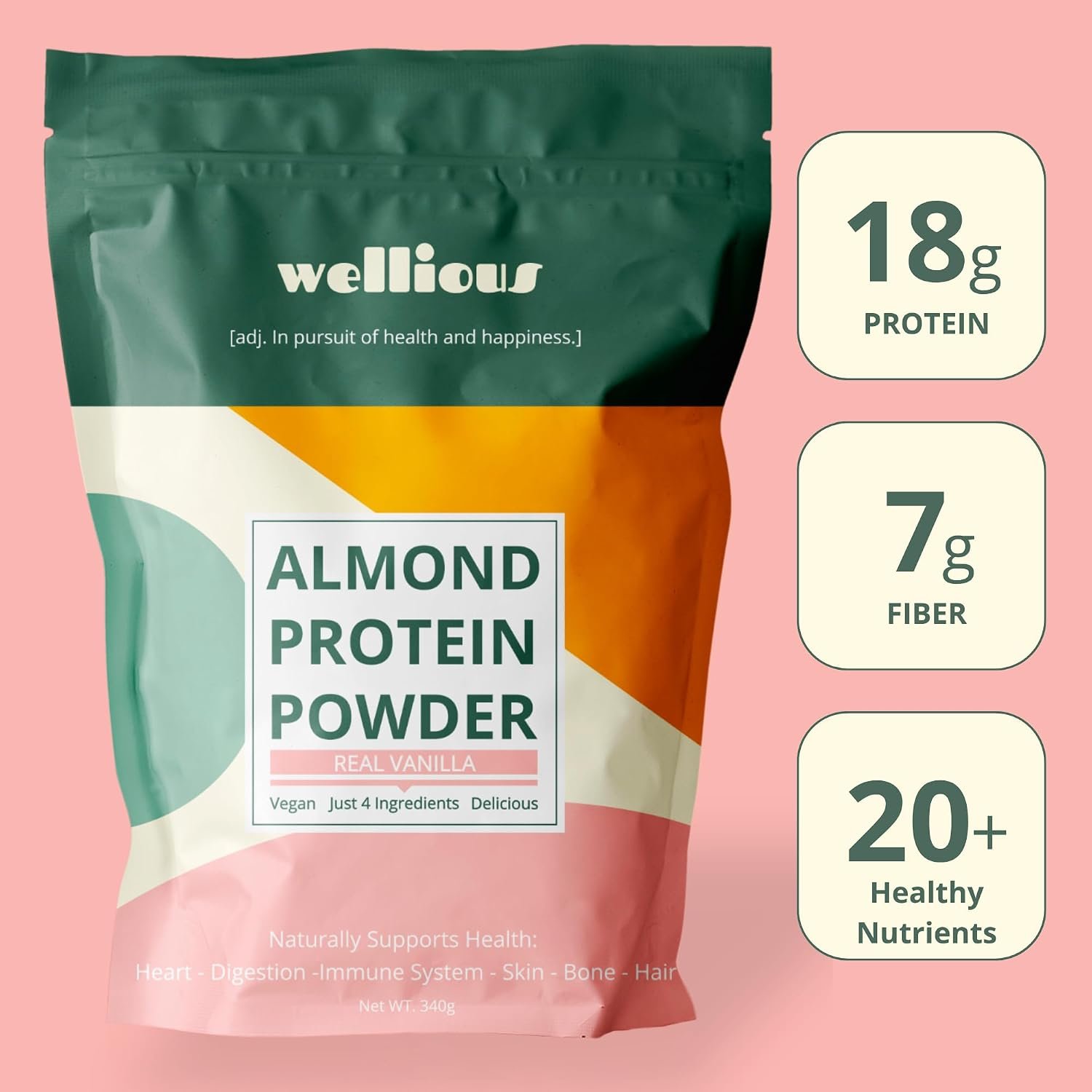 Wellious almond protein powder on a kitchen counter surrounded by almonds, milk, and vanilla in natural light