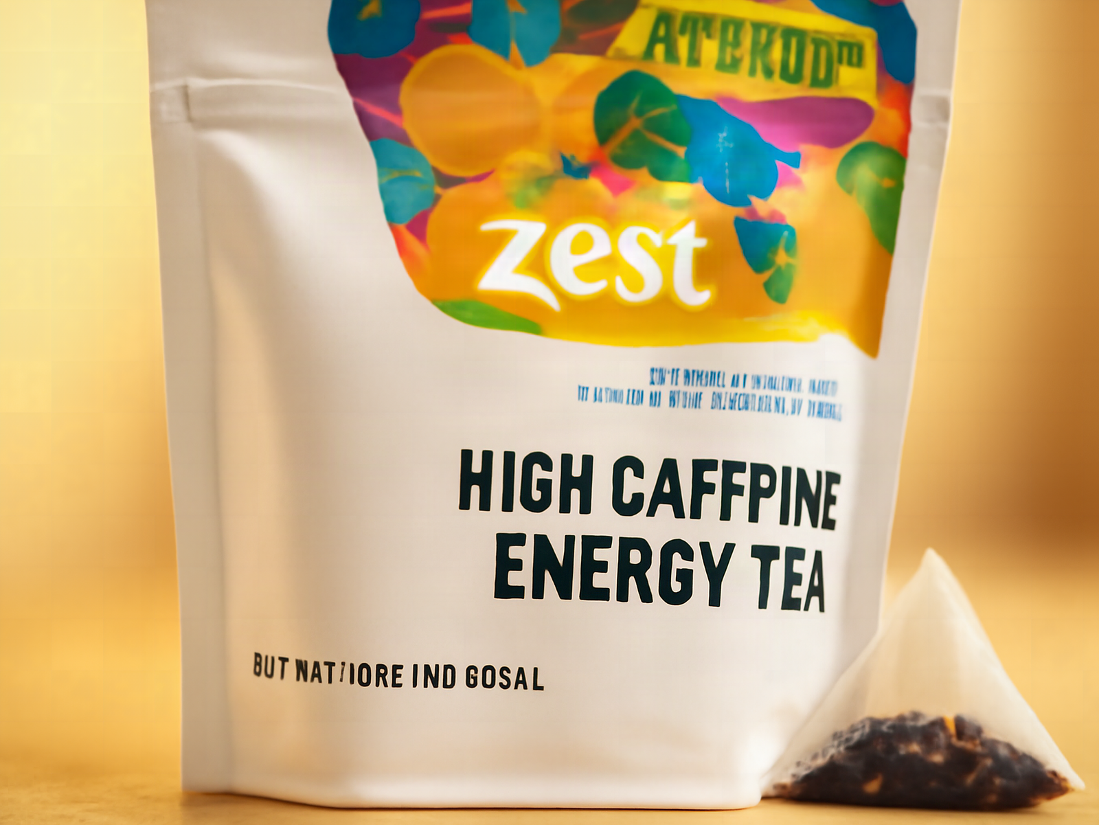 Macro close-up of a single Zest Energy Tea bag showing dried passion fruit and black tea leaves through translucent material