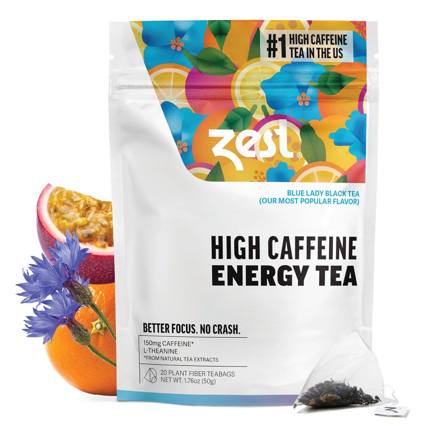 Zest Energy Tea bags arranged on a kitchen counter next to a mug and fresh fruit in a morning kitchen setting