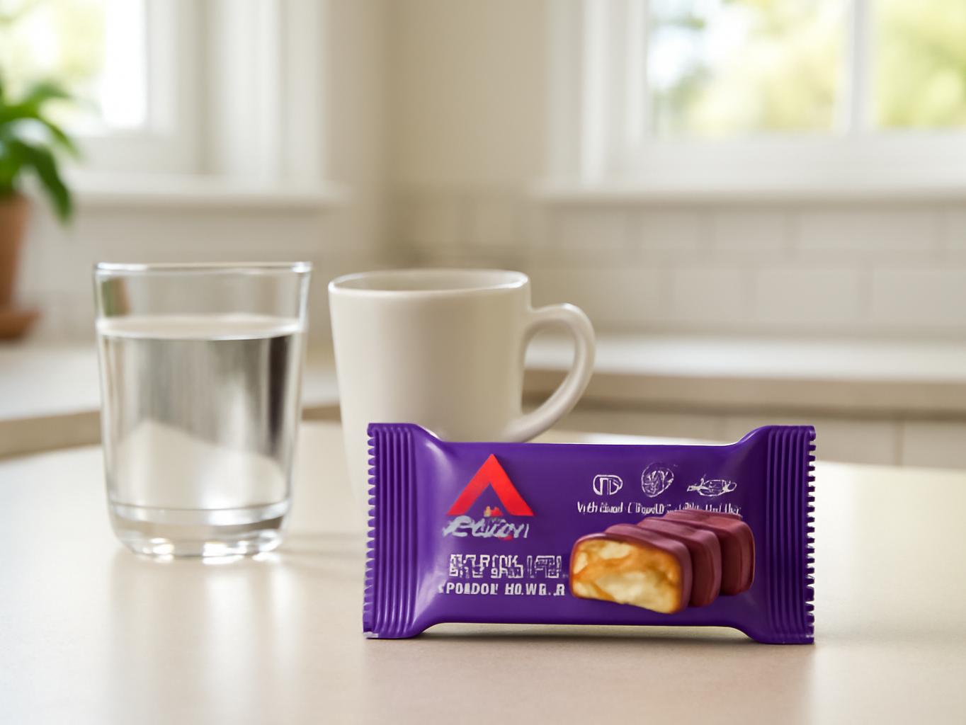 Atkins Endulge Caramel Nut Chew bar on a kitchen counter surrounded by a water glass and coffee mug in morning light