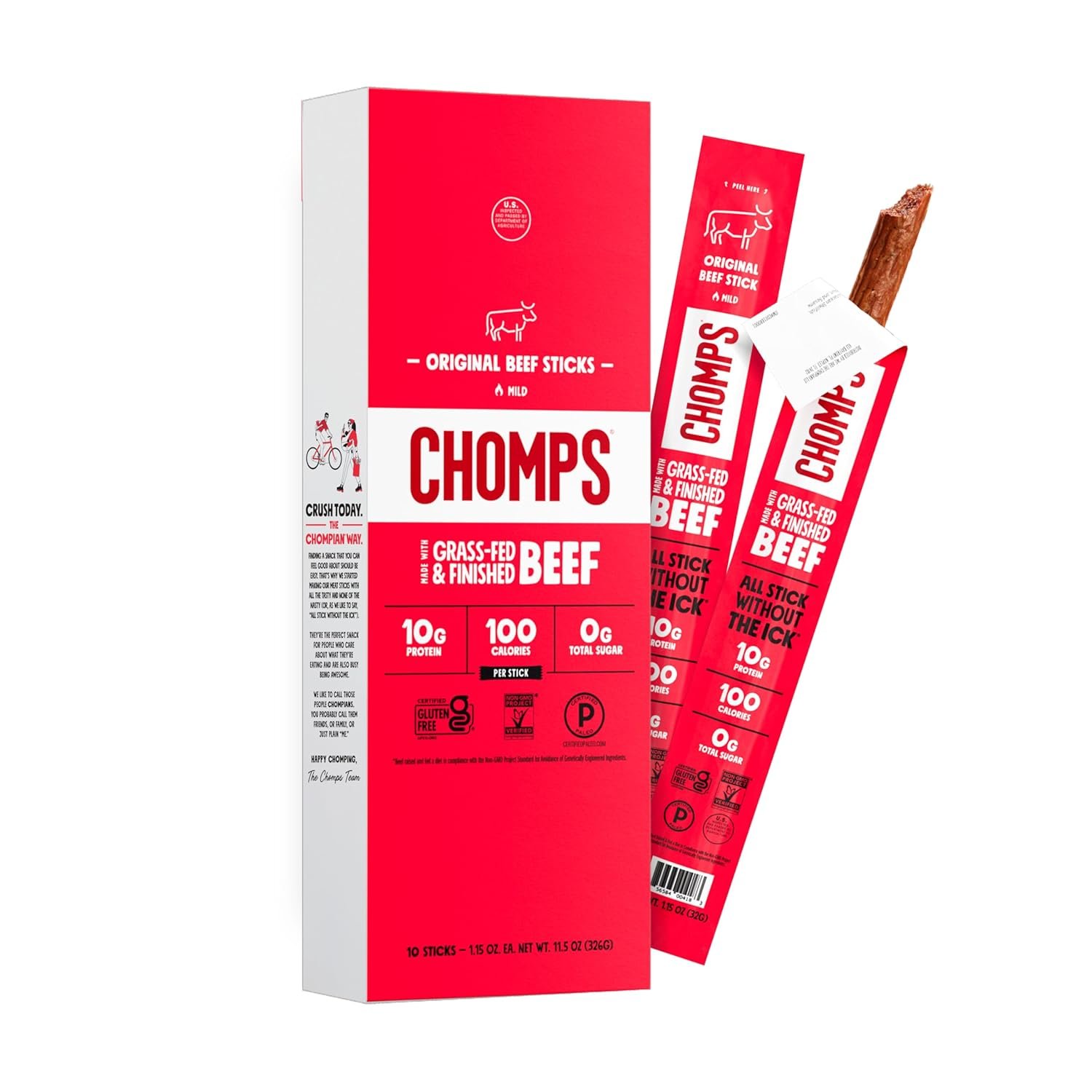 Chomps snack stick tucked in a jacket pocket during outdoor activity