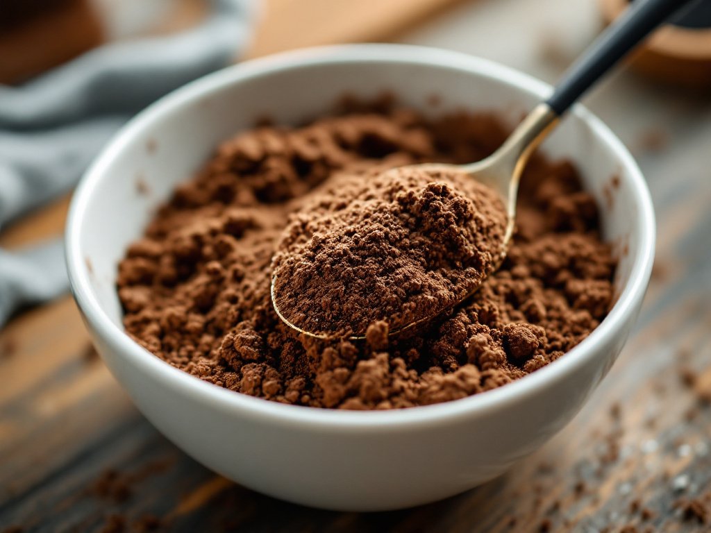 Duncan Hines keto brownie mix powder in a white bowl with a spoon, macro close-up