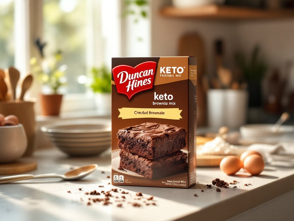 Keto brownie mix box on a kitchen counter surrounded by baking ingredients and equipment