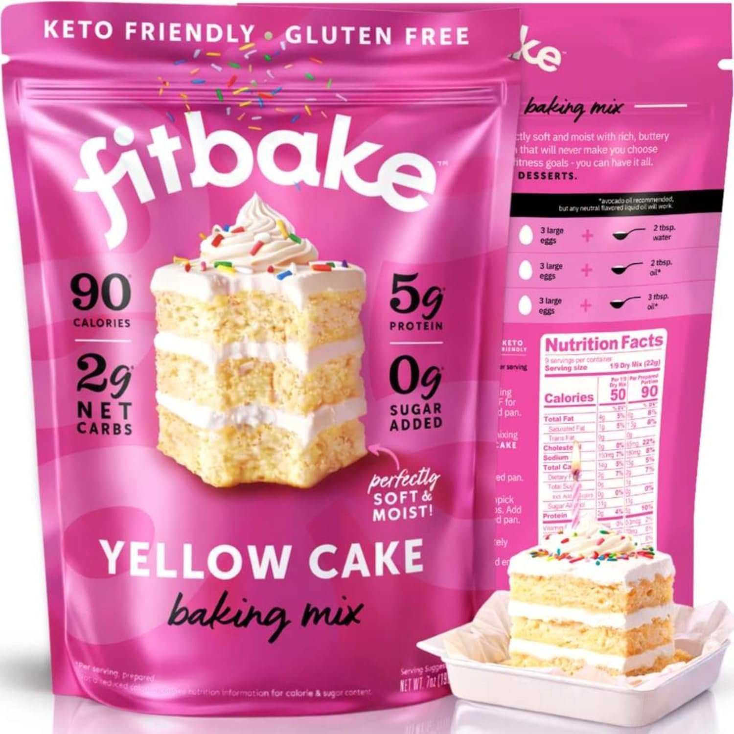 Keto cake mix box on a kitchen counter surrounded by baking tools and ingredients