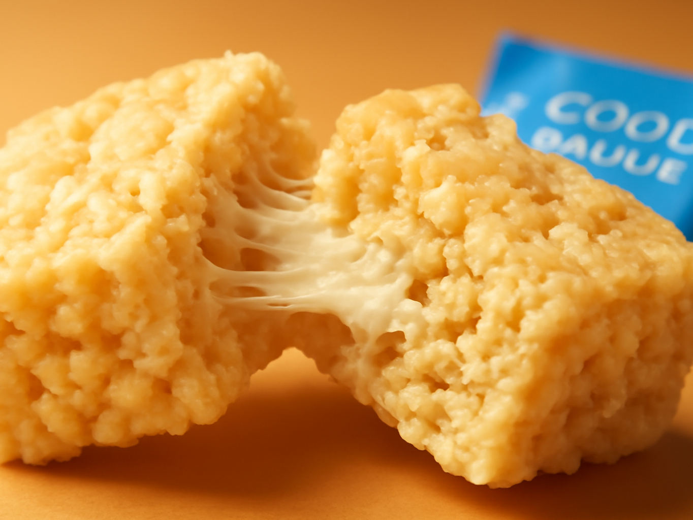 Close-up of a broken GoodMallow rice crispy treat showing marshmallow filling and crispy rice structure