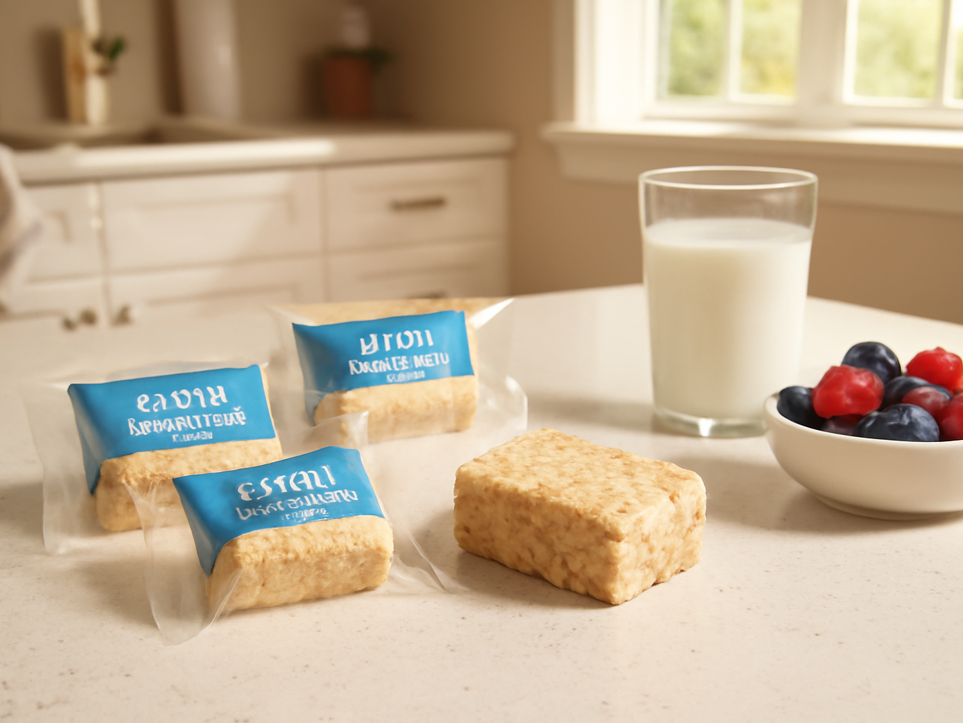 GoodMallow rice crispy treats unwrapped on a kitchen counter with milk and berries in the background