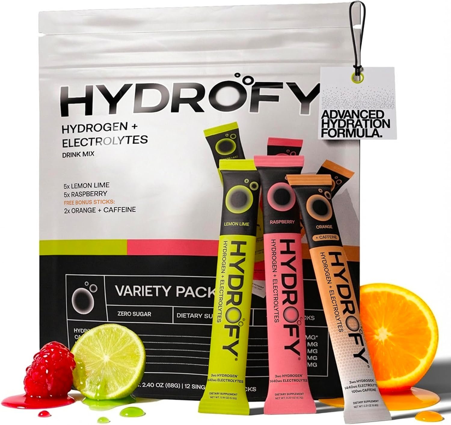 Hydrofy variety pack on kitchen counter next to a glass of fizzing hydrogen water in natural light