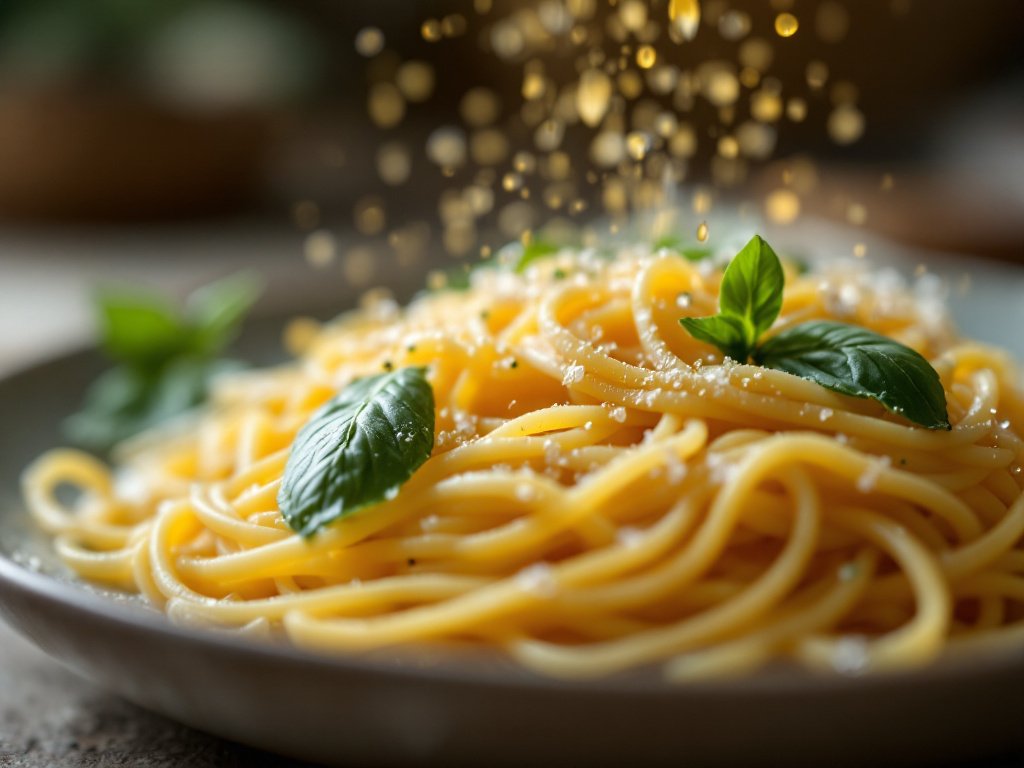 Close-up of Pete's Pasta spaghetti strands with basil and oil droplet in warm light