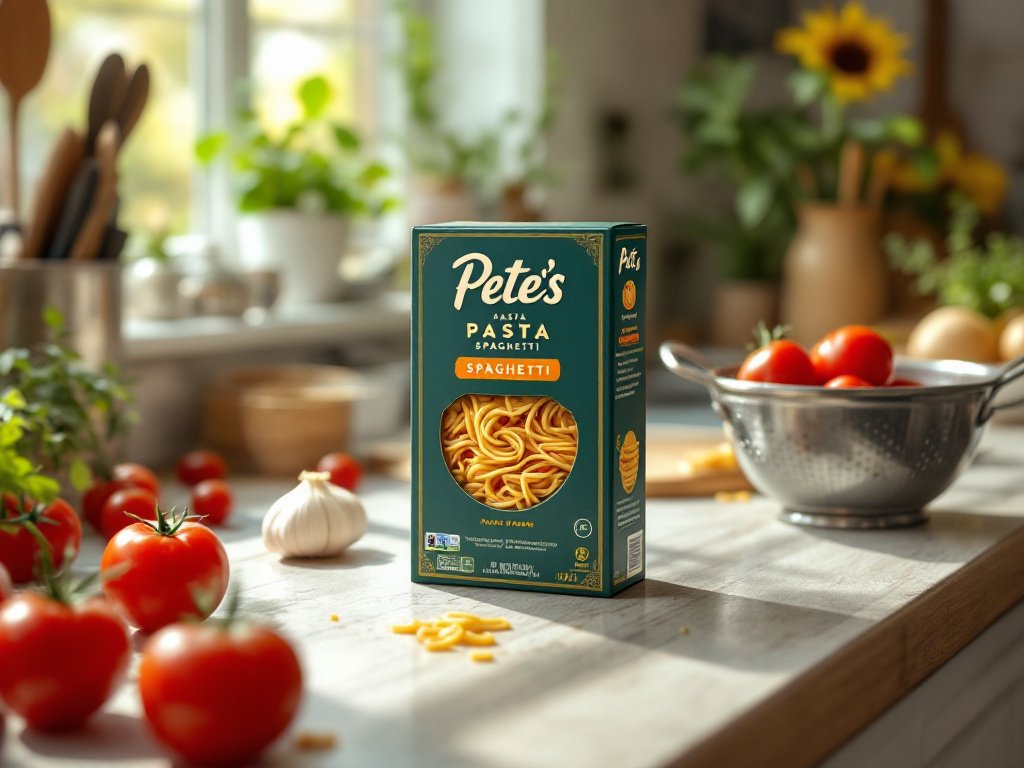 Pete's Pasta box displayed on a kitchen counter with cooking ingredients and morning light