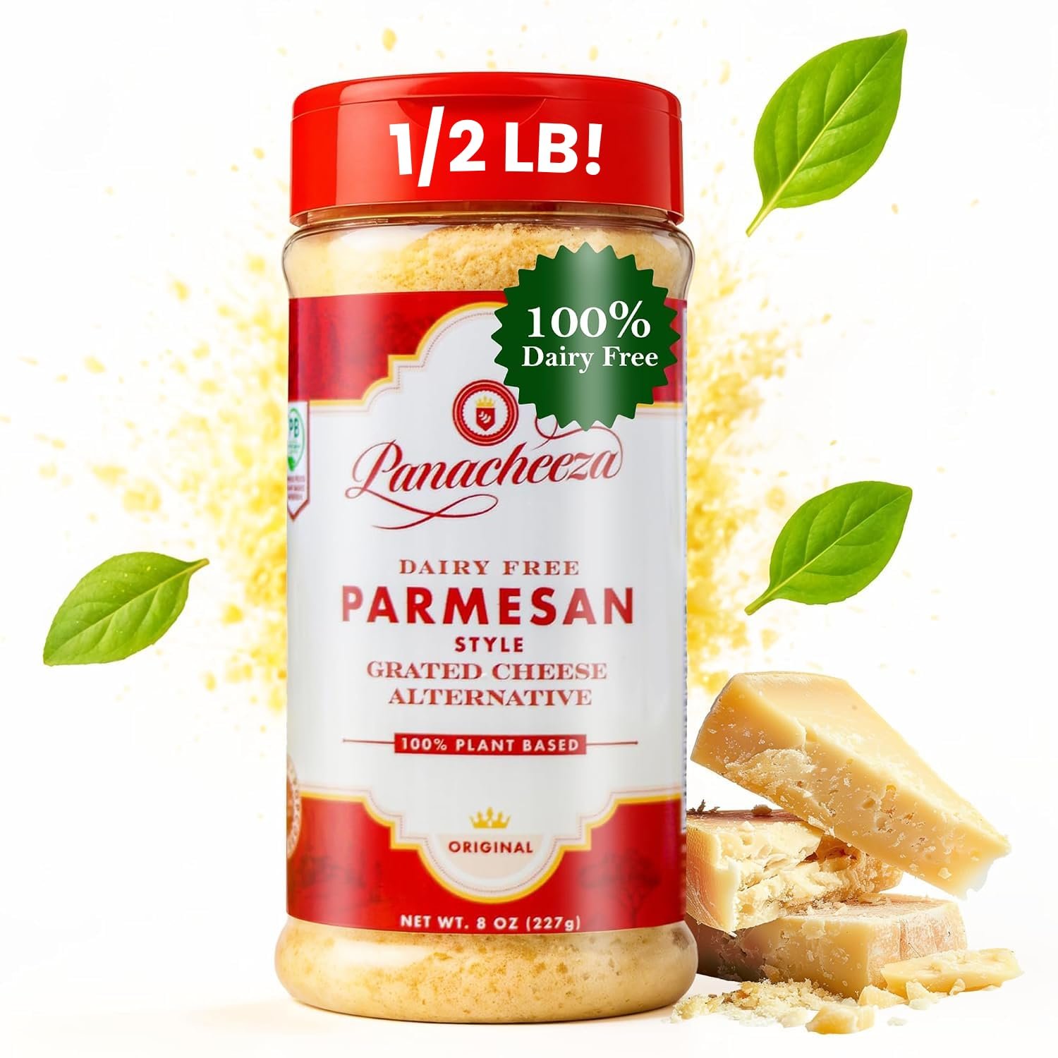 Macro close-up of Panacheeza plant-based parmesan showing fine grated texture and pale color