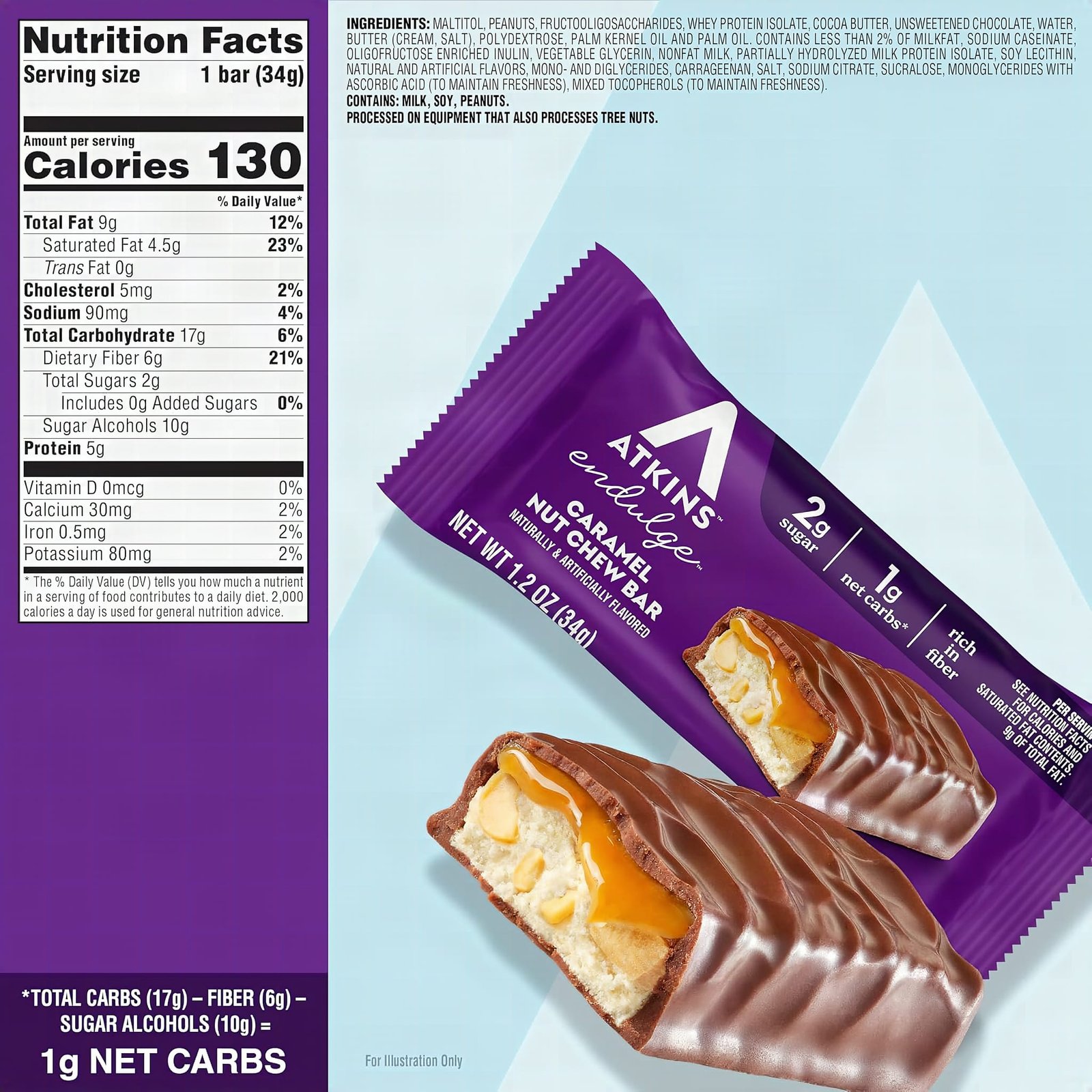 Macro close-up of an unwrapped Atkins Endulge Caramel Nut Chew bar showing caramel texture and embedded nuts in sharp focus