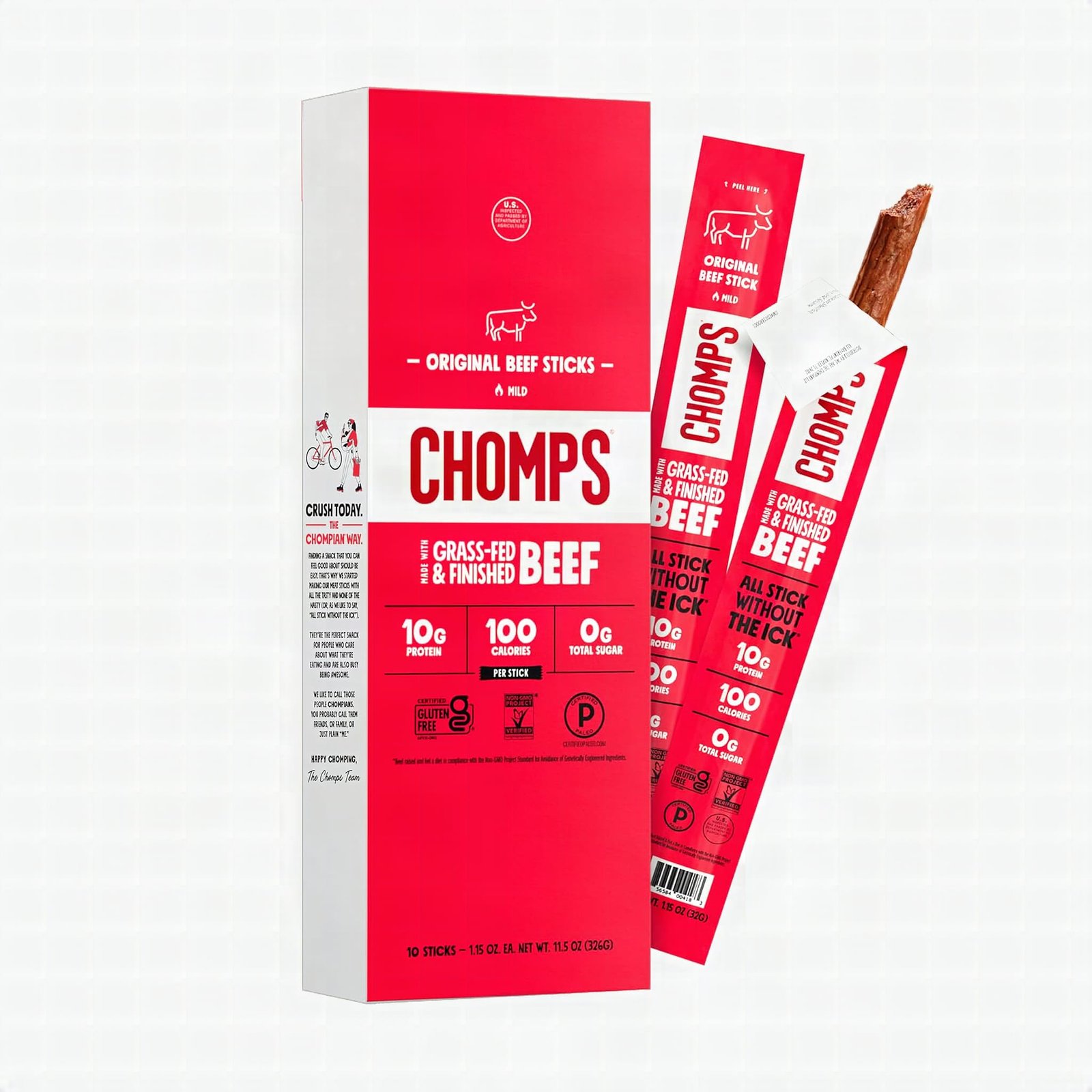Close-up of a single Chomps beef stick showing detailed meat texture and seasoning
