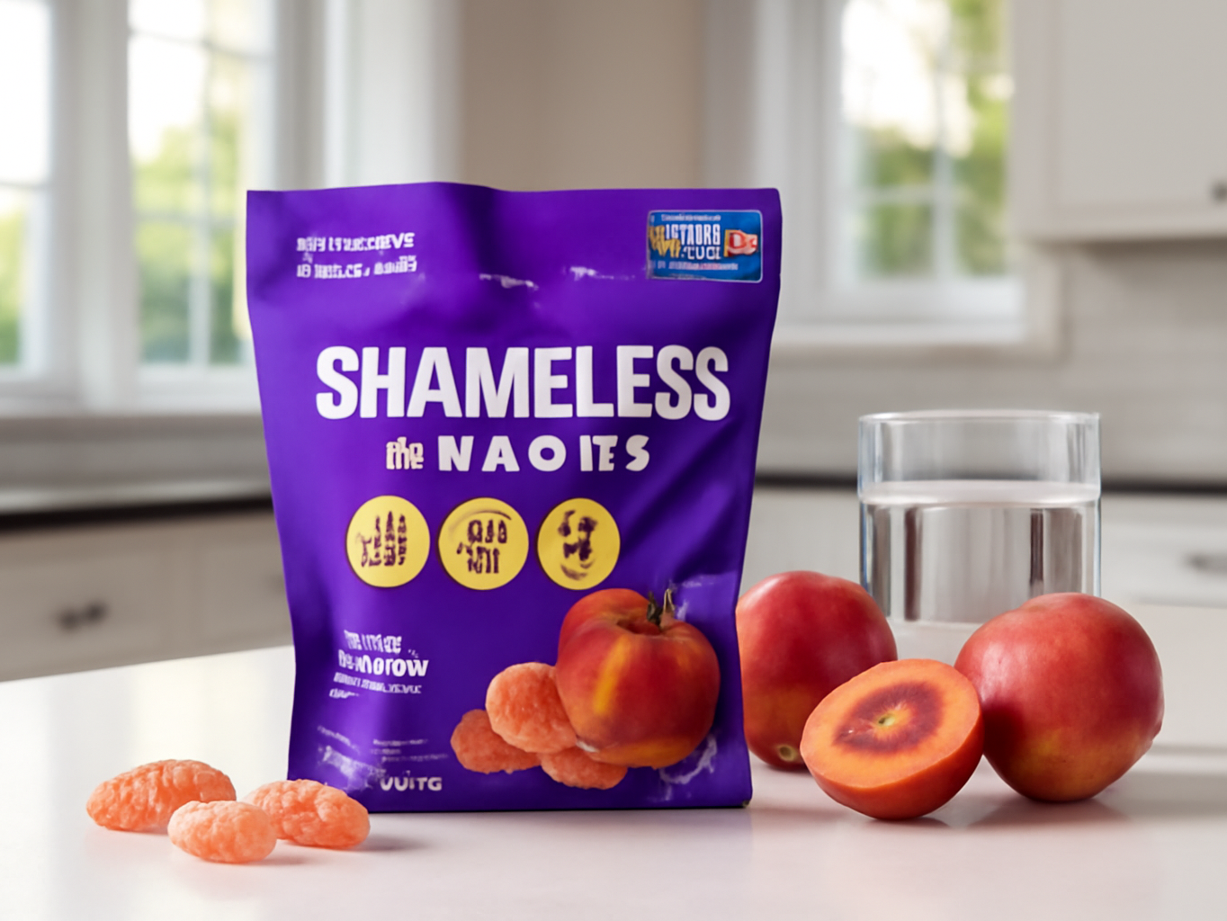 Kitchen counter scene with open bag of peach gummies positioned near fresh fruit and water glass in daylight