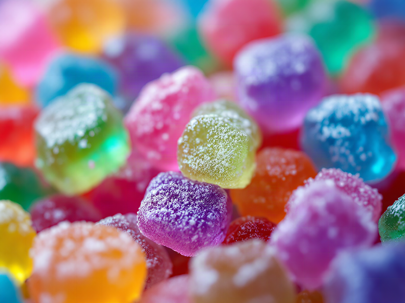 Macro close-up of colorful vegan gummies showing detailed sour sugar coating and glossy surface texture