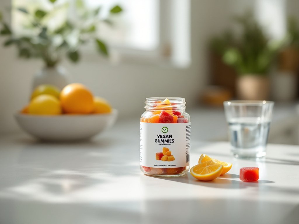 Jar of vegan gummies on a kitchen counter with lemons and water glass, natural morning light