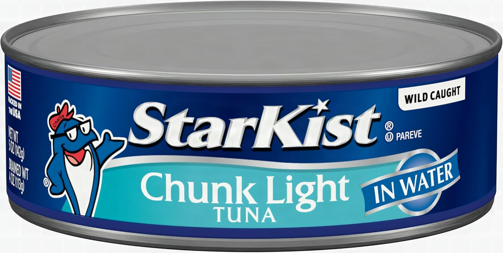 Open can of StarKist chunk light tuna with flaked tuna and water visible in extreme close-up