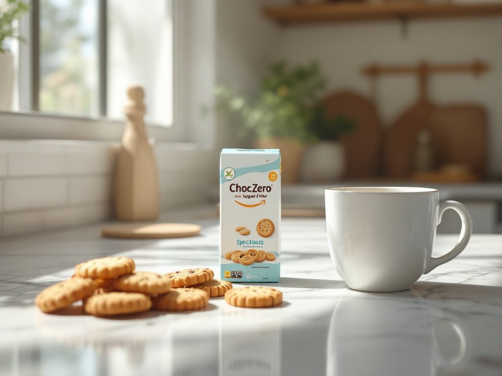 Several ChocZero Speculoos cookies arranged on a marble kitchen counter with natural window light