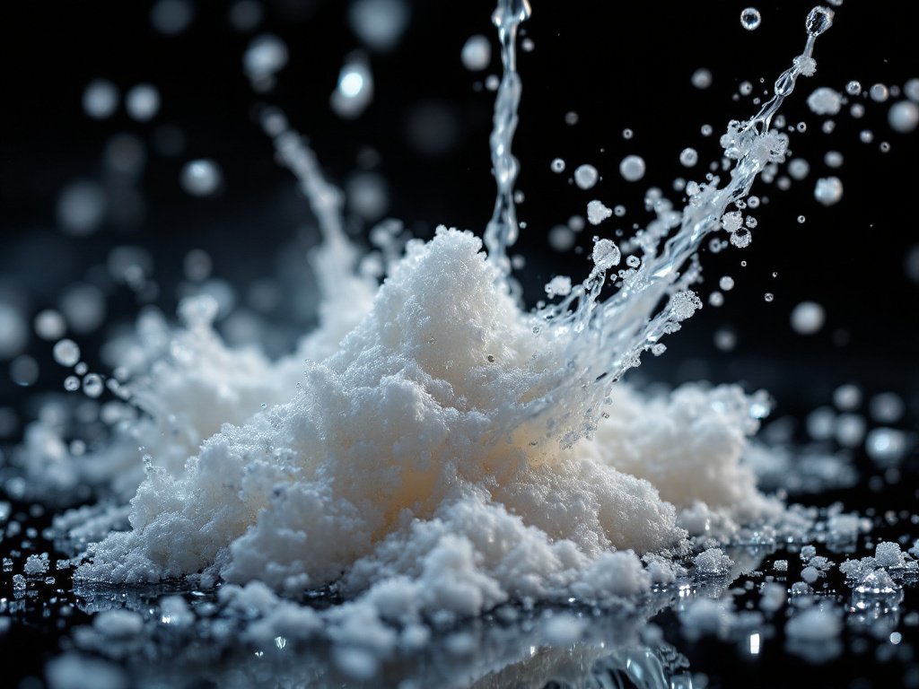 Macro shot of Keppi electrolyte powder dissolving in water with crystalline detail and shallow focus