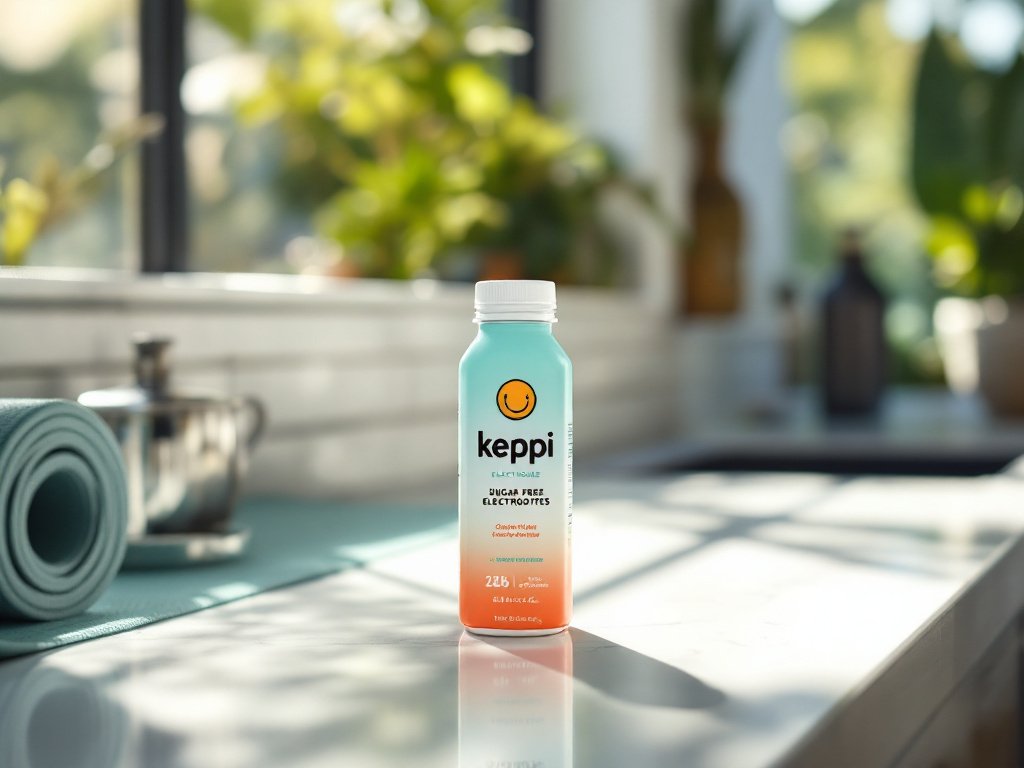 Keppi electrolyte bottle on a sunlit kitchen counter near fitness and wellness items