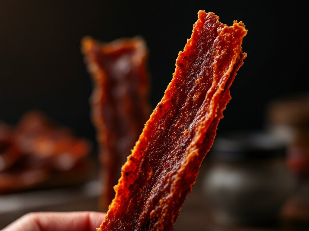 Macro close-up of a Tillamook beef jerky stick showing detailed surface texture and seasoning