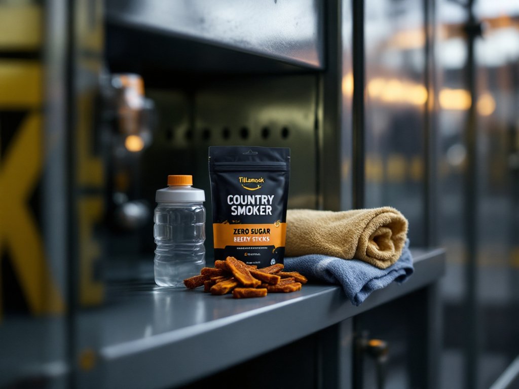 Tillamook jerky sticks displayed on a gym locker shelf next to workout gear and water bottle